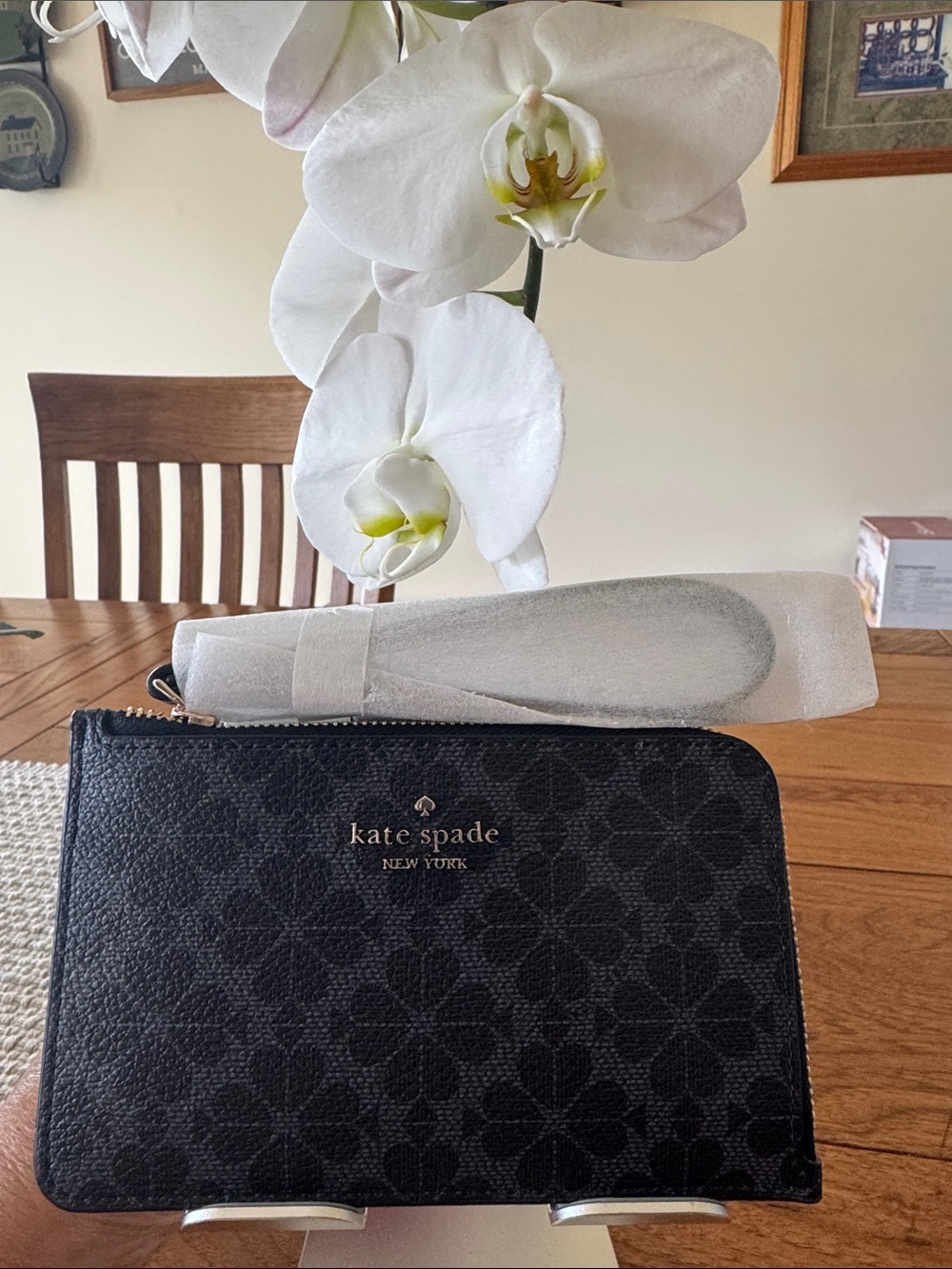 Kate Spade ♠️ Black Floral Embossed Zip Wristlet with Gold Logo